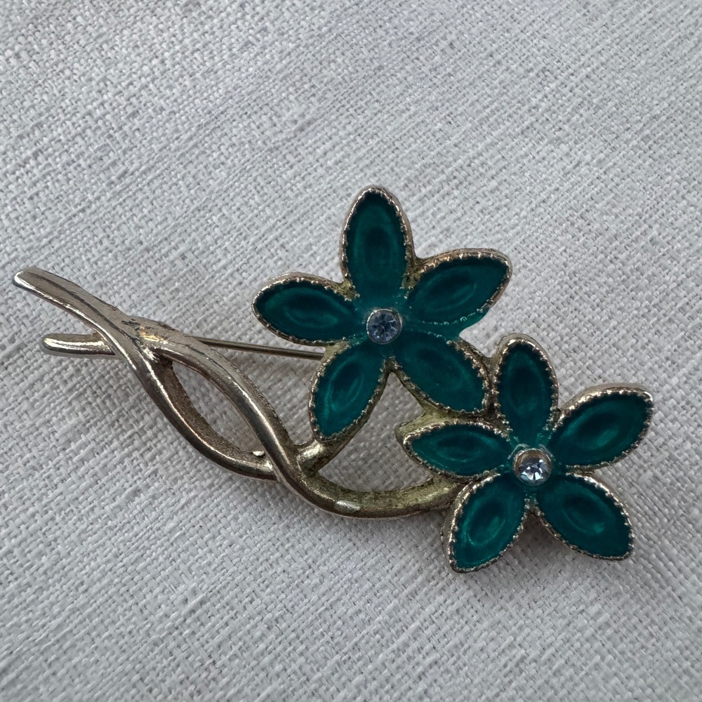 Vintage Flower Brooch Teal Green Enamel Silver Tone Rhinestone Floral Pin Y2K